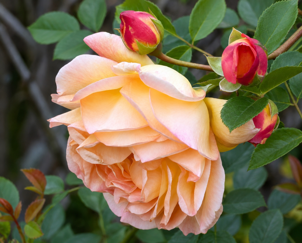 Apricot-orange Lady of Shalott® rose with red buds and green foliage